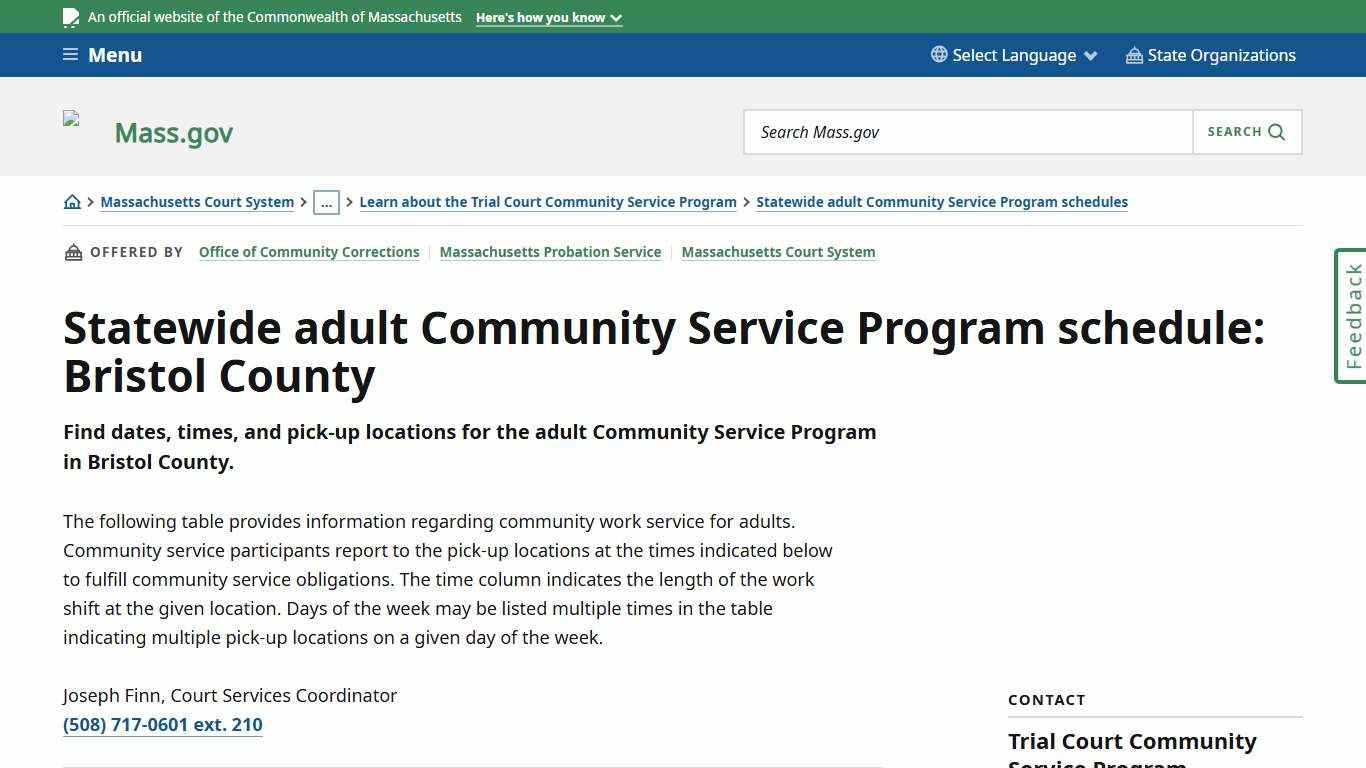 Statewide adult Community Service Program schedule: Bristol County Mass.gov